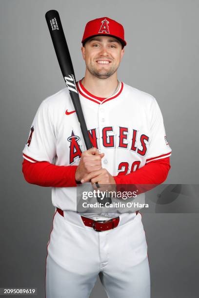 Evan White of the Los Angeles Angels poses for a photo during the Los Angeles Angels Photo Day at Tempe Diablo Stadium on Wednesday, February 21,...