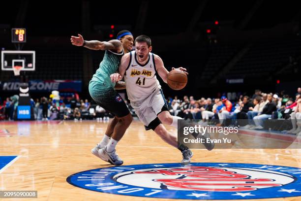 Will Vorhees of the Indiana Mad Ants handles the ball against the Long Island Nets on March 21, 2024 at Nassau Coliseum in Uniondale, New York. NOTE...