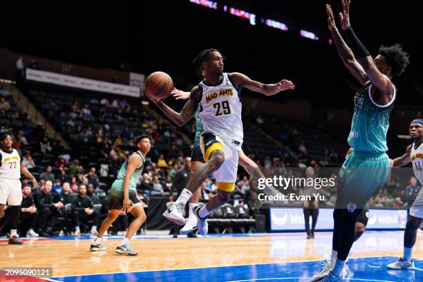 Quenton Jackson of the Indiana Mad Ants passes the ball against the Long Island Nets on March 21, 2024 at Nassau Coliseum in Uniondale, New York....