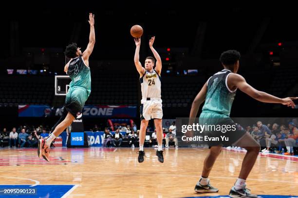 Kyle Mangas of the Indiana Mad Ants shoots the ball against the Long Island Nets on March 21, 2024 at Nassau Coliseum in Uniondale, New York. NOTE TO...