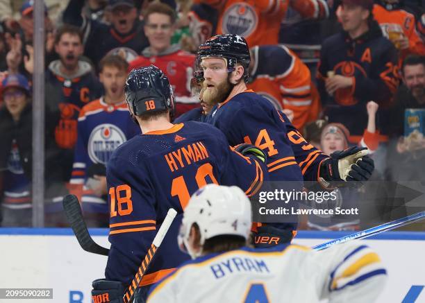 Mattias Ekholm of the Edmonton Oilers celebrates a goal in the second period against the Buffalo Sabres on March 21, 2024 at Rogers Place in...