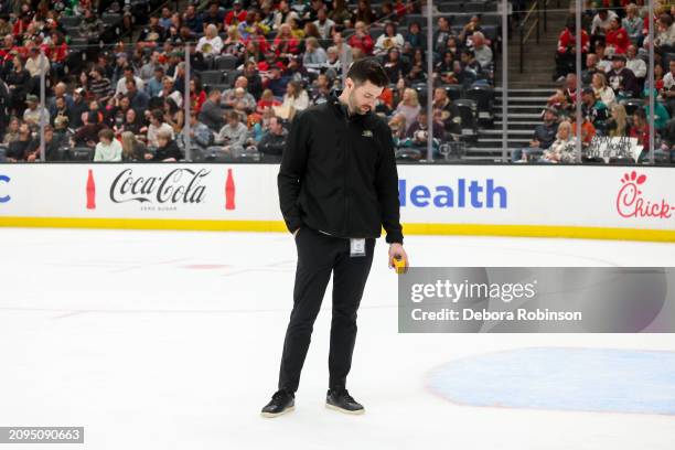 Ice Crew measures the temperature of the ice during the first period between the Chicago Blackhawks and the Anaheim Ducks at Honda Center on March...