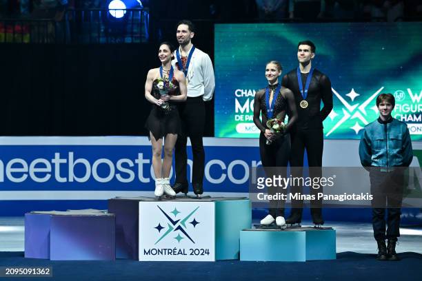 Deanna Stellato-Dudek and Maxime Deschamps of Canada alongside Minerva Fabienne Hase and Nikita Volodin of Germany stand with their medals after...
