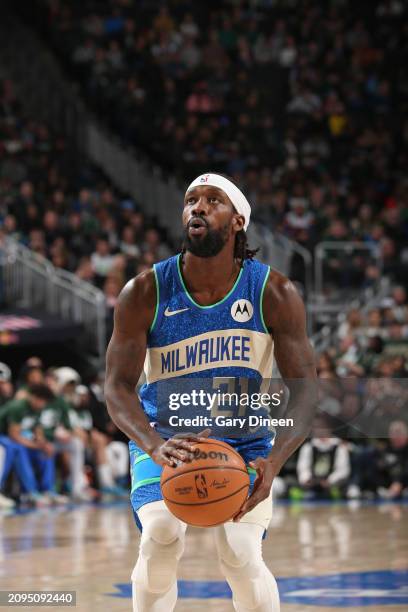 Patrick Beverley of the Milwaukee Bucks prepares to shoot a free throw during the game against the Brooklyn Nets on March 21, 2024 at the Fiserv...