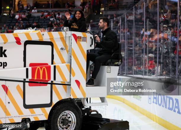 Ice Crew Zamboni driver during the second period between the Chicago Blackhawks and the Anaheim Ducks at Honda Center on March 21, 2024 in Anaheim,...