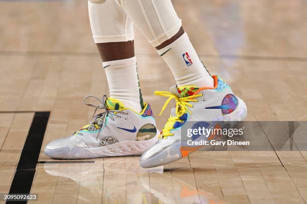 The sneakers worn by Patrick Beverley of the Milwaukee Bucks during the game against the Brooklyn Nets on March 21, 2024 at the Fiserv Forum Center...