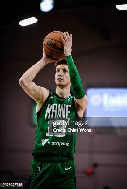 March 21: Drew Peterson of the Maine Celtics shoots a free throw during the game against the Westchester Knicks on March 21, 2024 at Portland Expo...
