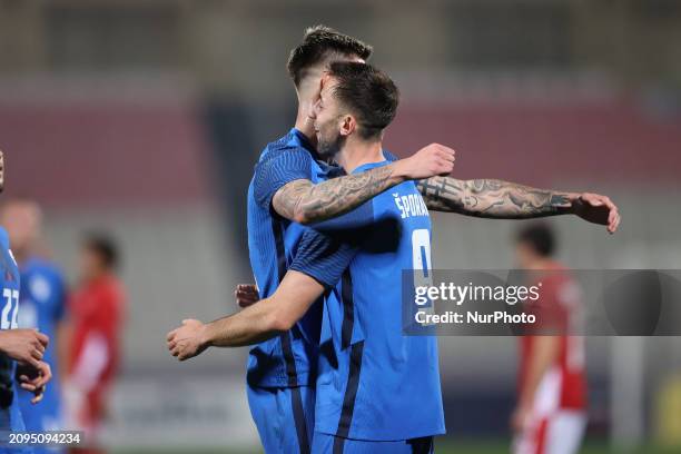 Andraz Sporar of Slovenia is reacting after scoring the 0-1 goal during the friendly international soccer match between Malta and Slovenia at the...