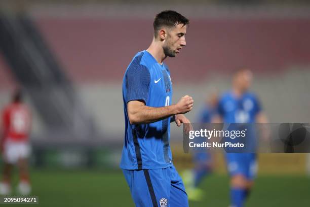Andraz Sporar of Slovenia is reacting after scoring the 0-1 goal during the friendly international soccer match between Malta and Slovenia at the...