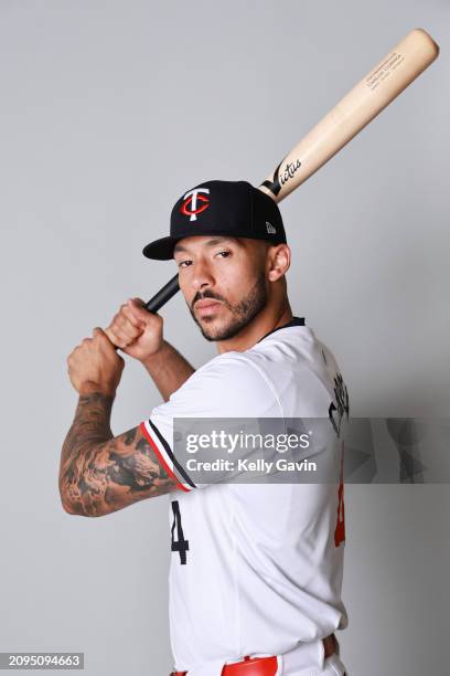 Carlos Correa of the Minnesota Twins poses for a photo during the Minnesota Twins Photo Day at CenturyLink Sports Complex on Thursday, February 22,...