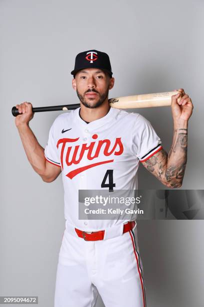 Carlos Correa of the Minnesota Twins poses for a photo during the Minnesota Twins Photo Day at CenturyLink Sports Complex on Thursday, February 22,...