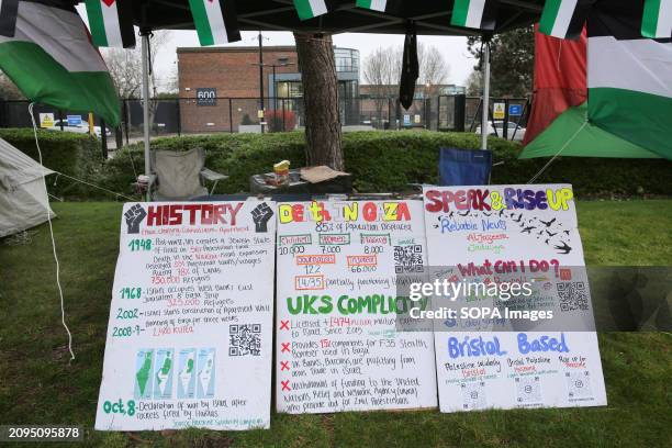 Protesters set up information boards and a table with protest leaflets directly outside Elbit's offices at Aztec West 600. Supporters of Palestine...