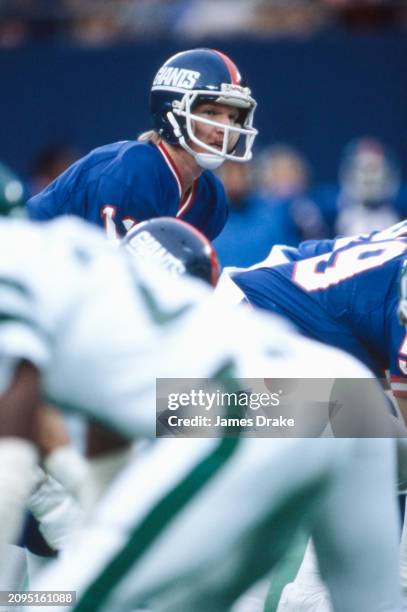 New York Giants quarterback Phil Simms surveys the opposition defense during a regular season game against the New York Jets on November 1, 1981 at...