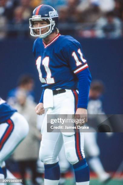 New York Giants quarterback Phil Simms surveys the opposition defense during a regular season game against the New York Jets on November 1, 1981 at...