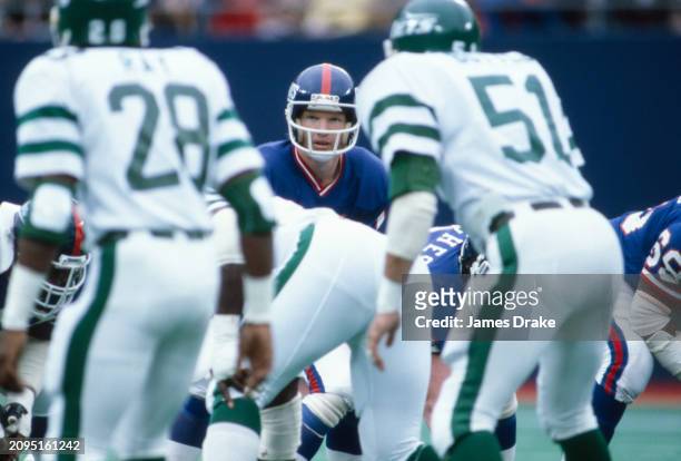 New York Giants quarterback Phil Simms surveys the opposition defense during a regular season game against the New York Jets on November 1, 1981 at...