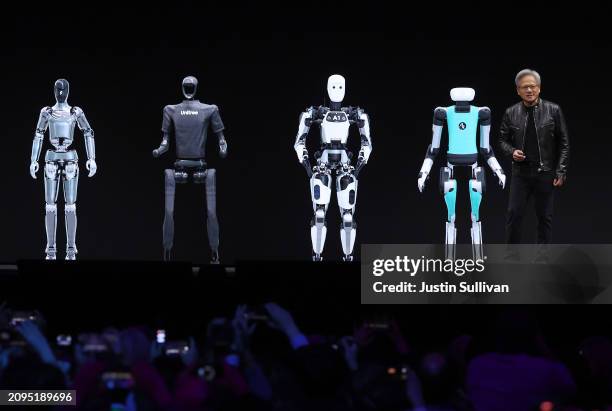 Nvidia CEO Jensen Huang delivers a keynote address during the Nvidia GTC Artificial Intelligence Conference at SAP Center on March 18, 2024 in San...