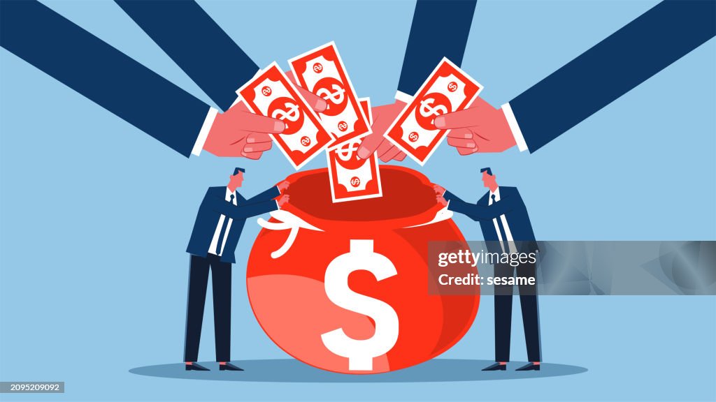 Donations, charitable donations, crowdfunding, raising money, starting a business or going public, two businessmen with big money bags collecting money