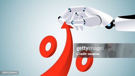 Artificial Intelligence or robotic arm pulls up the percentage sign, AI improves efficiency, increases productivity, and increases investment in the AI industry Artificial Intelligence or robotic arm pulls up the percentage sign, AI improves efficiency, increases productivity, and increases investment in the AI industry