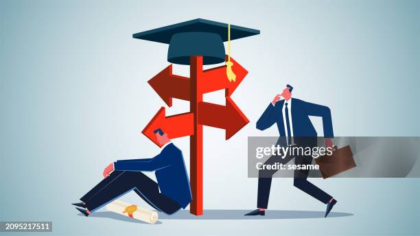 career direction after graduation, education and employment issues, employment rate and unemployment rate, signposts with graduation caps and confused and helpless graduates - unemployed marketing professional searches for a job stock illustrations