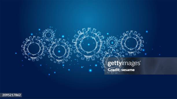 abstract dots and lines connecting low polygons connecting gears, business team or organization concepts, business improvement, optimization or solutions, teamwork - startup services growth images stock illustrations