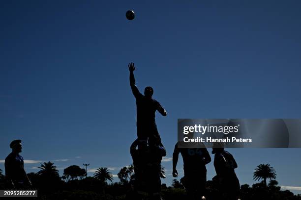 Patrick Tuipulotu of the Blues runs through drills during a Blues Super Rugby training session at Blues HQ on March 19, 2024 in Auckland, New Zealand.