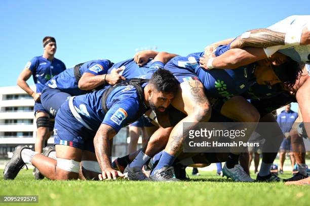 Akira Ioane of the Blues runs through scrum drills during a Blues Super Rugby training session at Blues HQ on March 19, 2024 in Auckland, New Zealand.