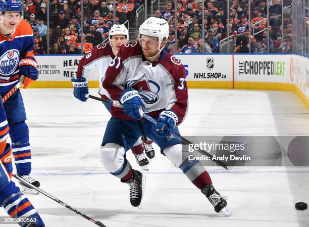 Casey Mittelstadt of the Colorado Avalanche in action during the game against the Edmonton Oilers at Rogers Place on March 16 in Edmonton, Alberta,...