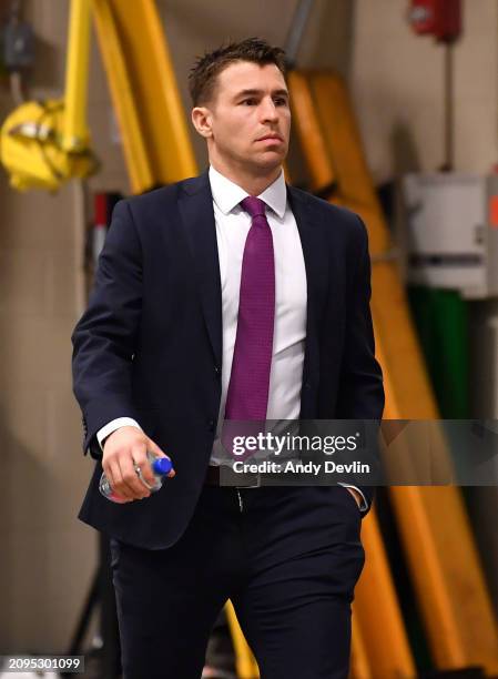 Zach Parise of the Colorado Avalanche arrives at Rogers Place ahead of the game against the Edmonton Oilers on March 16 in Edmonton, Alberta, Canada.