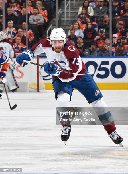 Yakov Trenin of the Colorado Avalanche in action during the game against the Edmonton Oilers at Rogers Place on March 16 in Edmonton, Alberta, Canada.