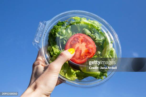 salad in plastic container, healthy food raw diet - régime faible en glucides photos et images de collection