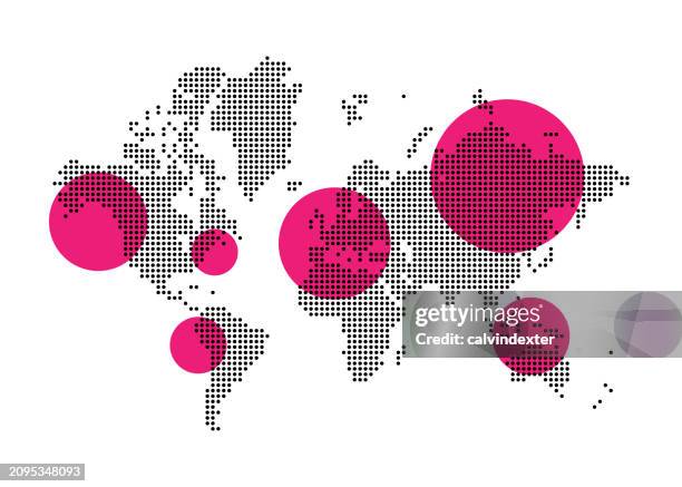 illustrations, cliparts, dessins animés et icônes de carte du monde pixélisée avec des points de couleur - carte du monde