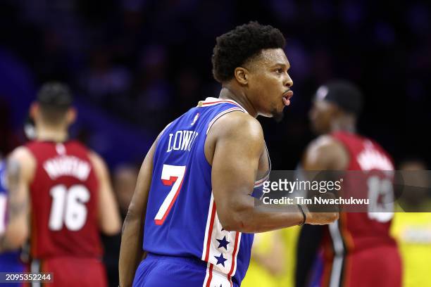 Kyle Lowry of the Philadelphia 76ers reacts during the fourth quarter against the Miami Heat at the Wells Fargo Center on March 18, 2024 in...