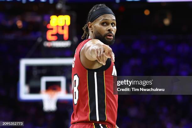 Patty Mills of the Miami Heat reacts during the fourth quarter against the Philadelphia 76ers at the Wells Fargo Center on March 18, 2024 in...