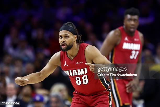 Patty Mills of the Miami Heat reacts during the fourth quarter against the Philadelphia 76ers at the Wells Fargo Center on March 18, 2024 in...