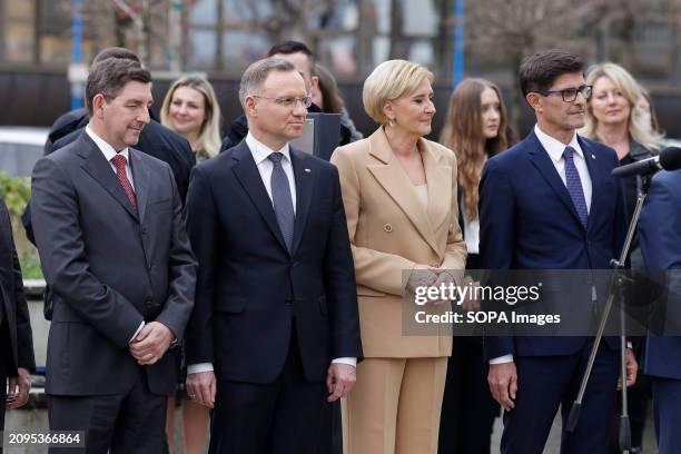 President of Poland Andrzej Duda , Slovenia's First Gentleman Ale Musar and the Mayor of Kranj Matja Rakovec attend the unveiling of the statue of...