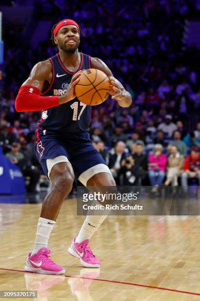 Buddy Hield of the Philadelphia 76ers in action against the Charlotte Hornets during a game at the Wells Fargo Center on March 16, 2024 in...