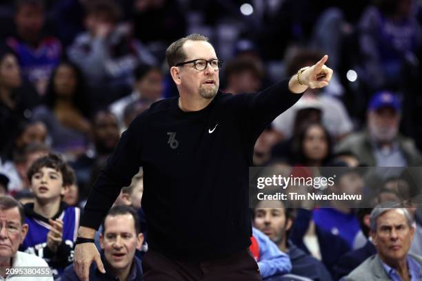 Head coach Nick Nurse of the Philadelphia 76ers reacts during the fourth quarter against the Miami Heat at the Wells Fargo Center on March 18, 2024...