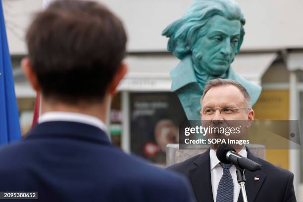 President of Poland Andrzej Duda speaks at the unveiling of the statue of the Polish poet Adam Mickiewicz in the La Ciotat park in Kranj. The statue...