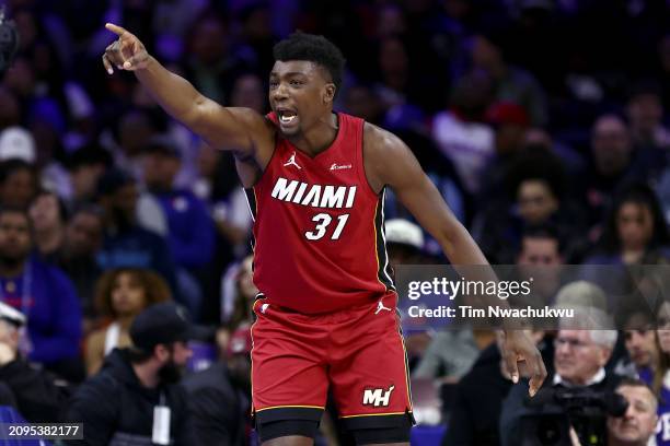 Thomas Bryant of the Miami Heat reacts during the fourth quarter against the Philadelphia 76ers at the Wells Fargo Center on March 18, 2024 in...