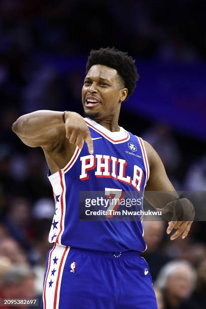 Kyle Lowry of the Philadelphia 76ers reacts during the third quarter against the Miami Heat at the Wells Fargo Center on March 18, 2024 in...