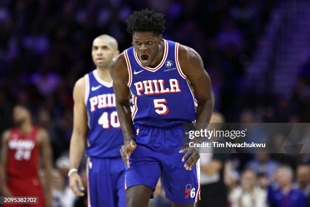 Mo Bamba of the Philadelphia 76ers reacts during the third quarter against the Miami Heat at the Wells Fargo Center on March 18, 2024 in...