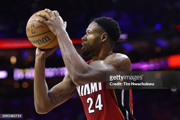 Haywood Highsmith of the Miami Heat shoots during the third quarter against the Philadelphia 76ers at the Wells Fargo Center on March 18, 2024 in...