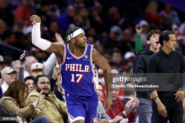 Buddy Hield of the Philadelphia 76ers reacts after scoring during the third quarter against the Miami Heat at the Wells Fargo Center on March 18,...