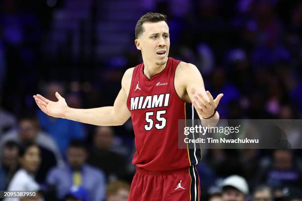 Duncan Robinson of the Miami Heat reacts during the third quarter against the Philadelphia 76ers at the Wells Fargo Center on March 18, 2024 in...