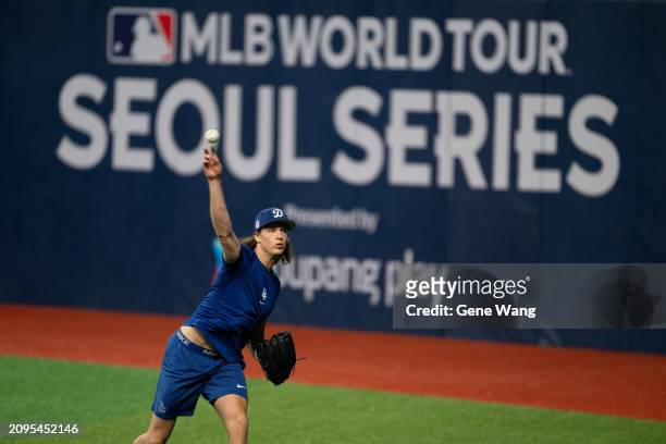 Tyler Glasnow of Los Angeles Dodgers practices during the Los Angeles Dodgers workout at Gocheok Sky Dome on March 19, 2024 in Seoul, South Korea.