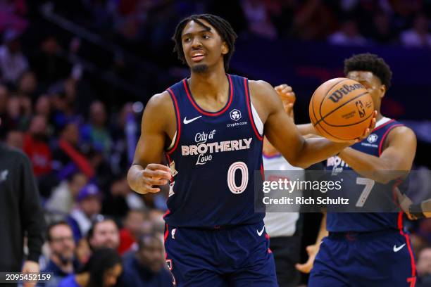 Tyrese Maxey of the Philadelphia 76ers in action against the Charlotte Hornets during a game at the Wells Fargo Center on March 16, 2024 in...