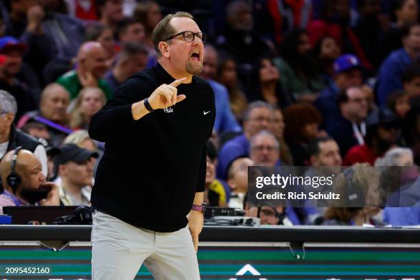 Head coach Nick Nurse of the Philadelphia 76ers reacts during the first half of a game against the Charlotte Hornets at the Wells Fargo Center on...