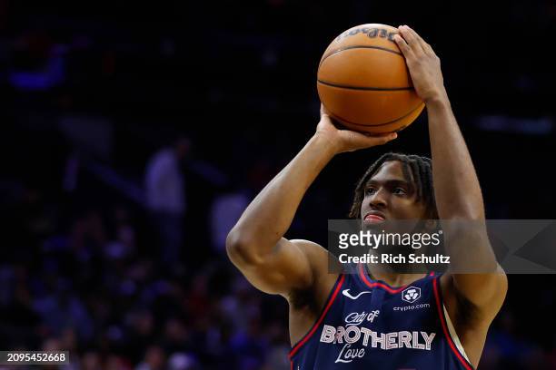 Tyrese Maxey of the Philadelphia 76ers in action against the Charlotte Hornets during a game at the Wells Fargo Center on March 16, 2024 in...