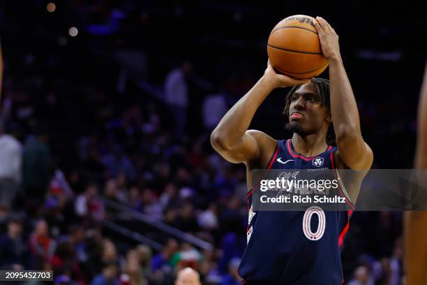 Tyrese Maxey of the Philadelphia 76ers in action against the Charlotte Hornets during a game at the Wells Fargo Center on March 16, 2024 in...