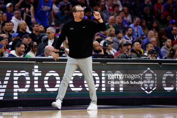 Head coach Nick Nurse of the Philadelphia 76ers reacts during the first half of a game against the Charlotte Hornets at the Wells Fargo Center on...
